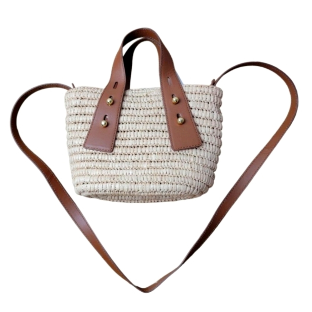 Frame Les Second Mini Tote Tan Woven Raffia Leather Crossbody Bag Authentic